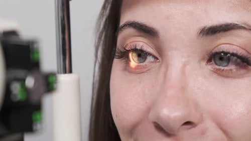 Attentive optometrist examining beautiful female patient with slit lamp in ophthalmology clinic. Opt