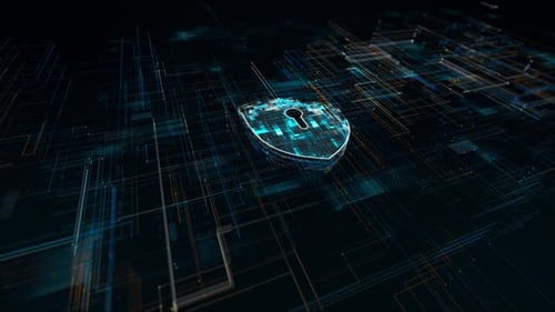 Netzwerksicherheitskonzept mit blauem Partikel-Cloud-Logo und digitaler futuristischer Rasterlinientechnologie