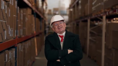 Smiling Senior Man Stands in Warehouse Aisle