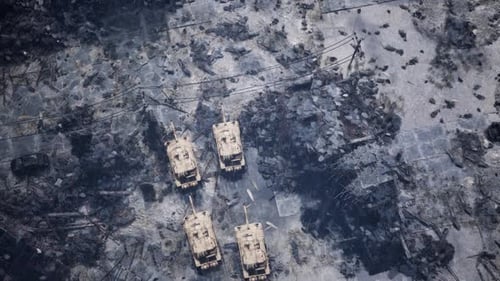 Tank March in Post Apocalyptic Rainy Destroyed City