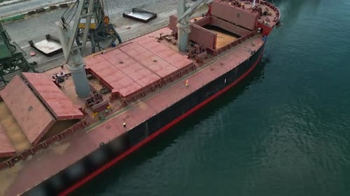 Cargo Ship at Port Loading Grain Aerial View