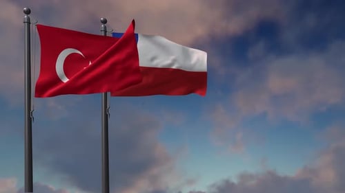 Turkish and Polish Flags Waving Against a Cloudy Sky
