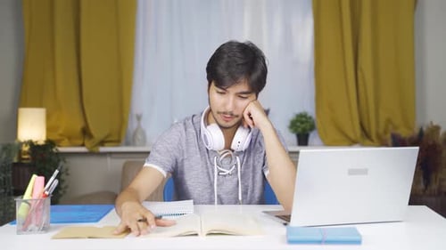 Young Adult Studying At Desk with Laptop and Books