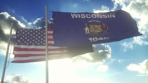 Waving American and Wisconsin Flags Against a Bright Blue Sky