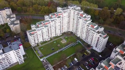 Aerial View Of Modern Housing Estate Buildings In Tenever Of Bremen In Germany. drone pullback