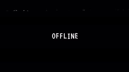 Distorted glitchy 'offline' text on black background with static noise, conveying disconnection and