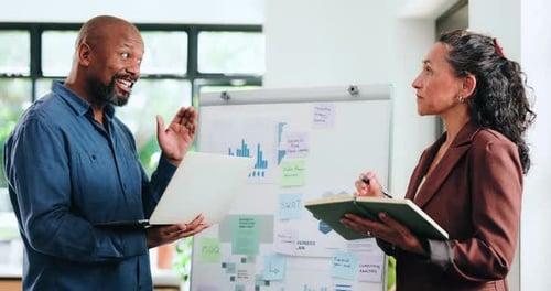 Chart, planning and discussion with business people in office for idea, swot analysis