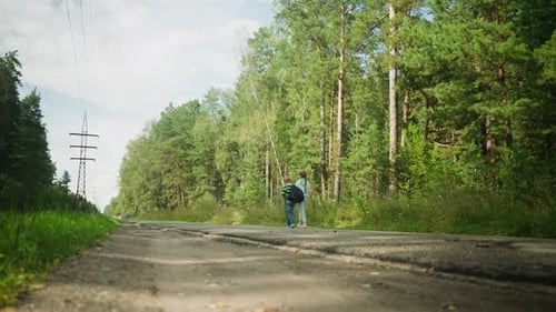Children Walking Along Forest Roadside with Power Line Background