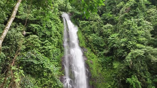 A beautiful waterfall hidden in the lush tropical jungle of Bali, Indonesia - Aerial View