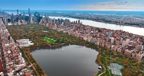 Panorama of the Central Park in New York at daytime. Immense scenery of metropolis