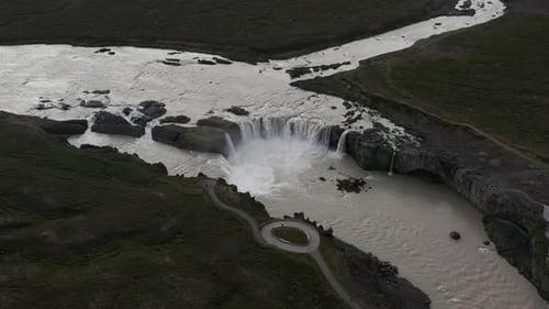 Popular Iceland waterfall Goðafoss, waterfall of the gods, aerial