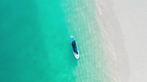 Aerial Top View of a Woman on a Surfboard in the Turquoise Waters of the Maldives