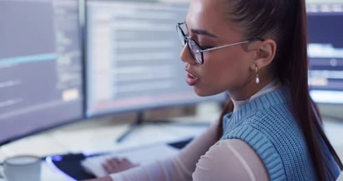 Woman, computer screen and software development for programmer cybersecurity with database