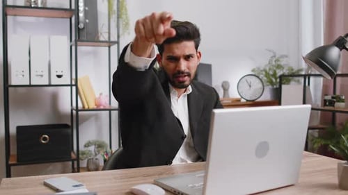 Business Man Working on Office Laptop Pointing to Camera Looking with Happy Expression Making Choice