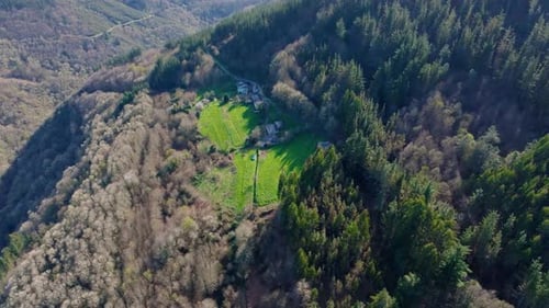 Aerial View Of House On The Moutain And Forest In Summer In Fonsagrada, Lugo, Galicia, Spain.