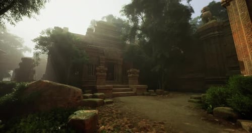 Ruines d'un ancien temple nichées dans une forêt luxuriante à la lumière du petit matin