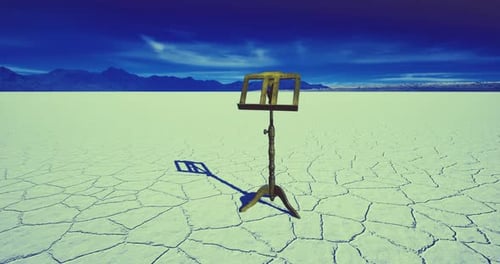 Desolate Landscape with a Solitary Music Stand Under a Dramatic Sky