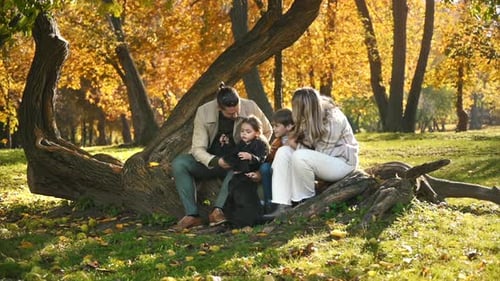 Happy family in an autumn park. Mother, father, son and daughter sitting on a tree trunk, yellowed t