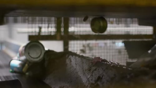 Recycling Plant For Plastic Bottles and Aluminum Cans on a Conveyor Belt. Magnet collection the