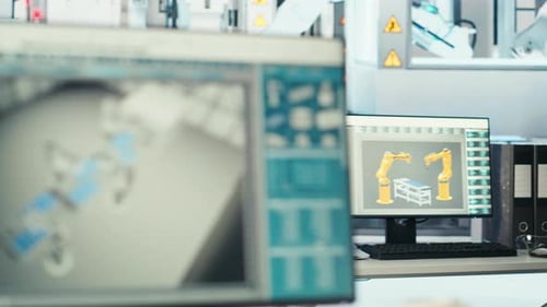 PC auf dem Schreibtisch in einer leeren Photovoltaik-Fabrik zur Überwachung der Leistung des Systems in Nahaufnahme