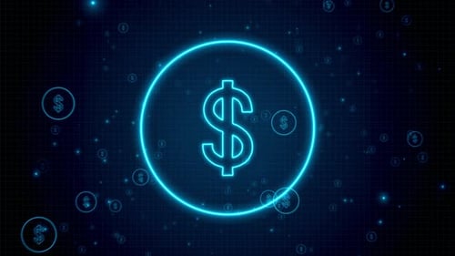 Glowing Blue Neon Dollar Sign on Digital Tech Grid Background Loop
