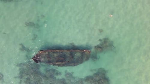 Aerial View Of Tourists Paddle Boarding By Shipwreck In Ocean, Tourists Enjoying Vacation - Arsuf, I