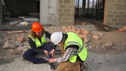 Builder screams and calls for help with pain in his leg. First aid help, construction worker