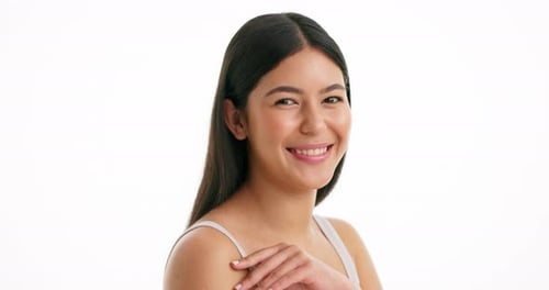 Beauty, happy and face with woman in studio for skincare, aesthetic and collagen glow