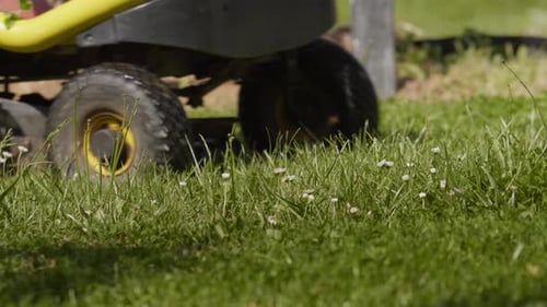 Gartengras schneiden mit Rasenmähertraktor, niedriger Blickwinkel