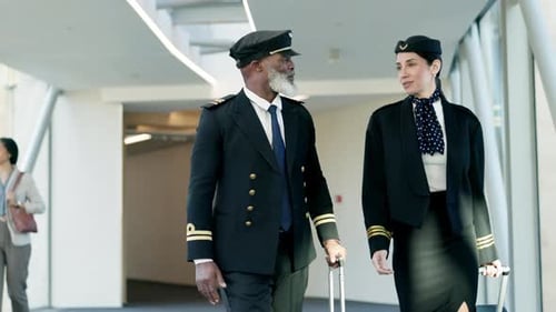 Airport, talking and pilot walking with an air hostess for communication while boarding a flight