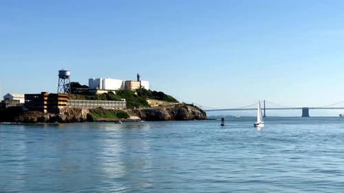 Aerial View Over San Francisco Bay Of Alcatraz And Bay Bridge