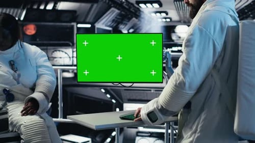 Astronauts Flying Together in Starship Looking at Isolated Screen Monitor