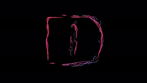 Letter D made of multicolor neon curves and lightnings on alpha. Loop 4k clip.