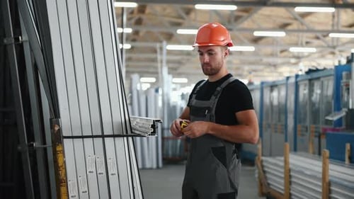 Factory Worker Measures Metal Bars in Production Facility