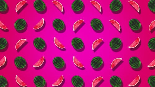 Flipping Watermelons and Slices Pattern Loop on Pink Background
