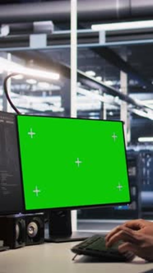 Vertical Video Data Center Technician Doing Software Updates Using Green Screen Mockup Computer