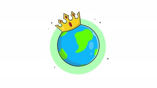 Rotating Earth Globe with Golden Crown Flat Design Animation