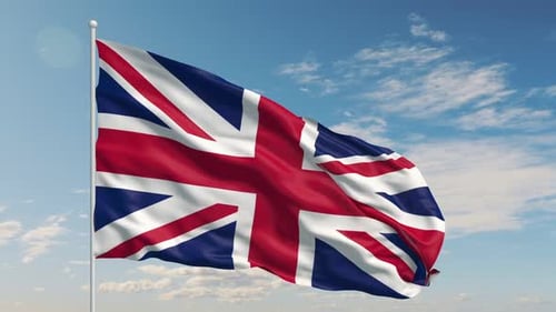 Realistic United Kingdom Flag Waving in Blue Sky