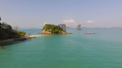 4K aerial drone footage of flight over the Thai beach and rocks, Thailand, Asia, Andaman sea, Pakbia