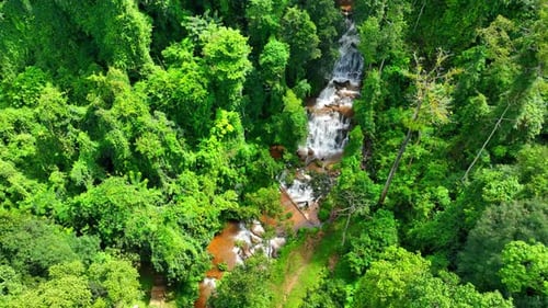 Aerial view: Stunning waterfall in lush tropical forest.