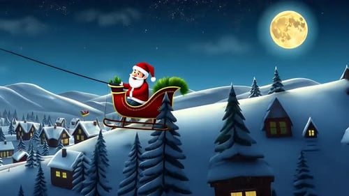 Papai Noel e trenó sobrevoando cidades nevadas sob a lua cheia com estrelas cintilantes