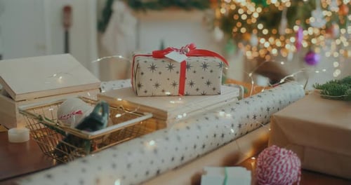 Christmas Presents Wrapping Materials on Table