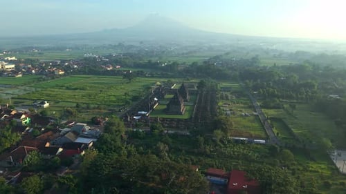 Aerial view of Plaosan Lor Temple with Mount Merapi, Indonesia.