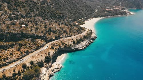 Amazing Coastal Road with Mountain Along Aegean Sea in Turkey