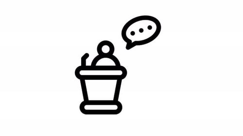 Animated Corporate Speaker at Podium with Speech Bubble Icon