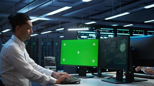 Der Systemadministrator verwendet einen austauschbaren Computerbildschirm für die Arbeit im Serverraum während des Datenschutzes