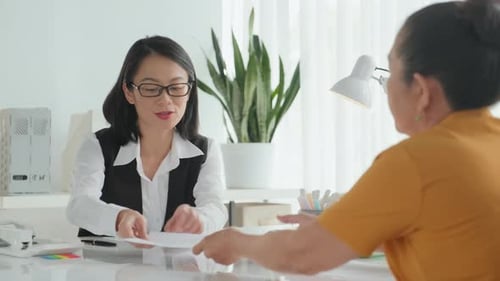 Financial Consultant Speaking to Aged Woman in Office