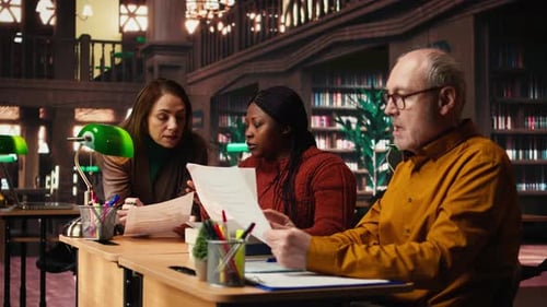 Une équipe mature d'interprètes répétant le dialogue du script ensemble dans une bibliothèque