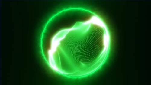 Abstract glowing green energy sphere with flowing plasma waves and digital particle texture