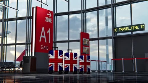 British Flag Suitcases in Airport with Scrolling Travel Message